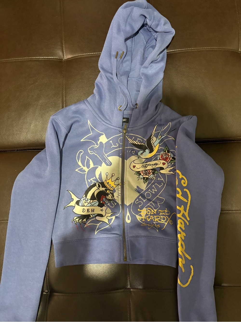Ed Hardy Lavender Hoodie with Yellow Script and Tattoo Graphic